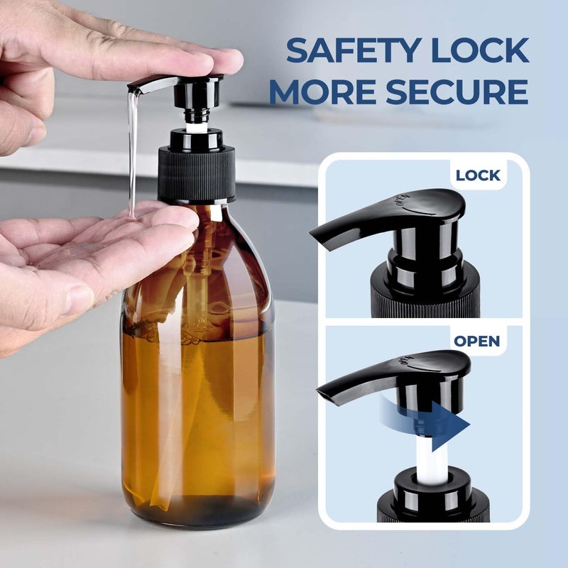 HomePicker Glass Soap Dispenser with Pump 8 oz, Homepicker Lotion Bottle with Pump for Body Oil, 250ml Hand and Dish Soap Dispensers Set with 1 Extra Pump, Black Caps, Labels - 2 Pack, Amber and Clear - Image 3